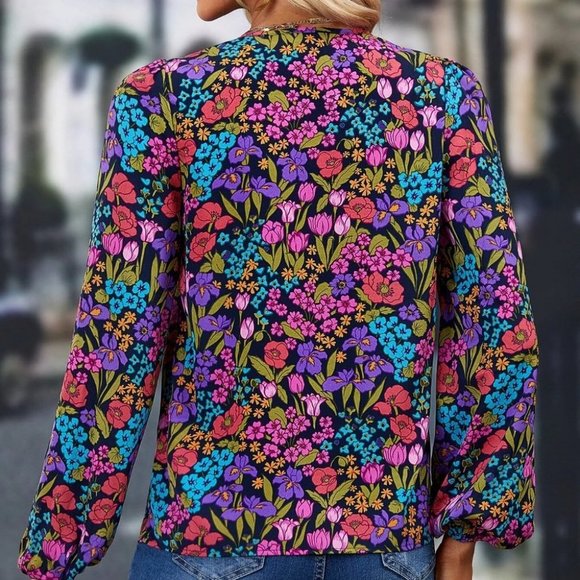 Multicolor Preppy Womens Allover Floral Print Lantern Sleeve Blouse - Picture 2 of 5